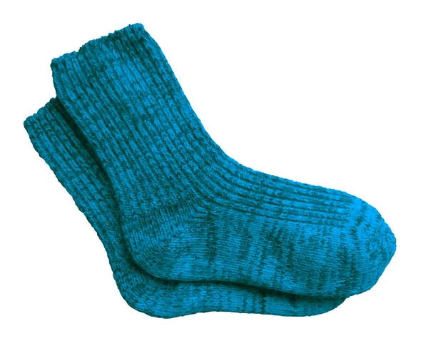 Блакитна Пара Вовняних Шкарпеток Ізольована Білому Тлі Відсікаючий Контур Включено — стокове фото