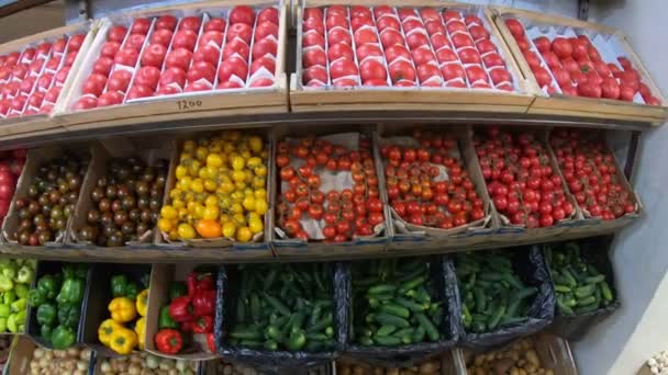 Market Counter Large Assortment Fresh Vegetables Sale — Stock Video