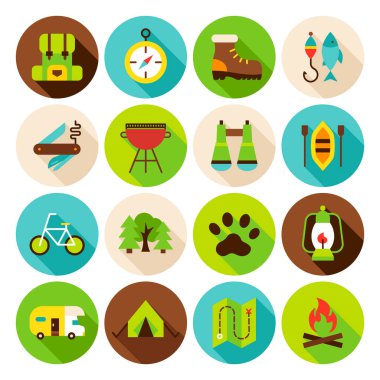 Kamp Hiking daire Icons Set