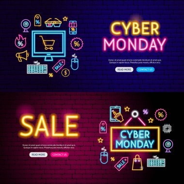 Cyber Pazartesi Neon Web afiş. Satış promosyon Alışveriş vektör çizim.