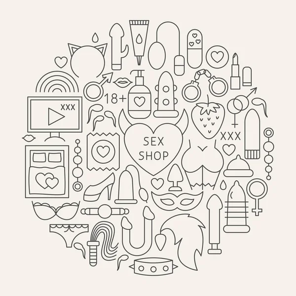 Seks Shop satır simgeler daire — Stok Vektör