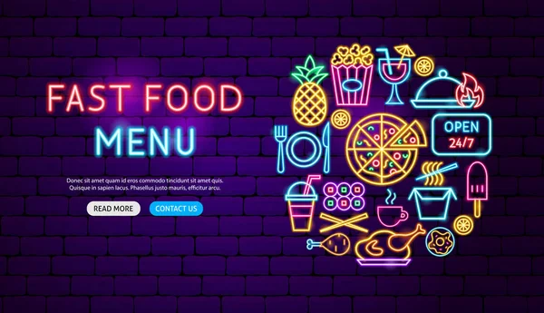 Fast Food Menu Neon Banner Design — Stock Vector