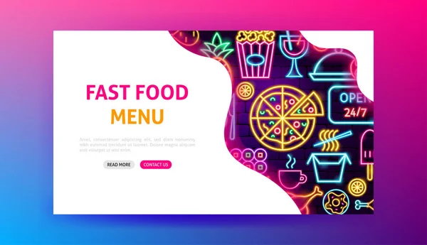 Menu Fast Food Pagina di destinazione al neon — Vettoriale Stock