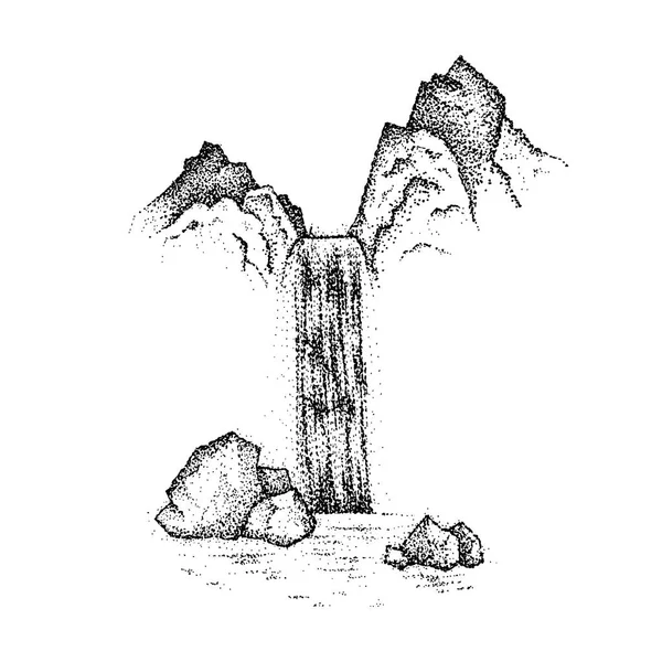 Dotwork Landscape Waterfall - Stok Vektor