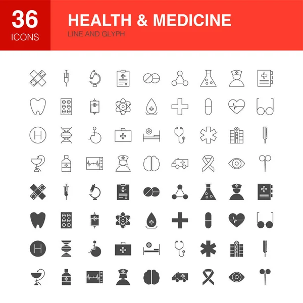 Gezondheid Geneeskunde Lijn Web Glyph Iconen Vectorillustratie Van Medische Overzichts — Stockvector