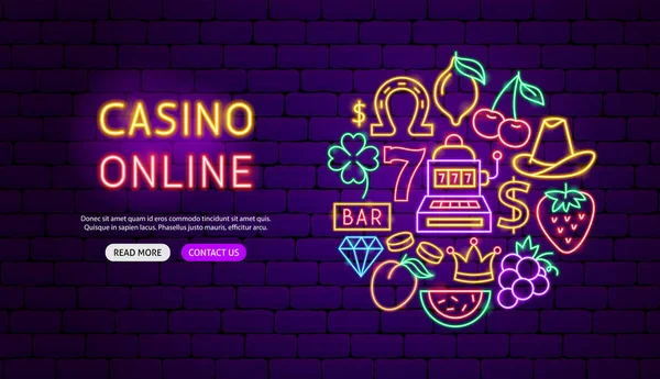 Casino en línea Neon Banner Diseño — Archivo Imágenes Vectoriales