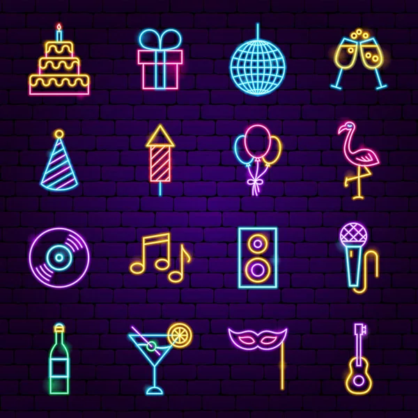 Birthday Party Neon Icons — Stock Vector