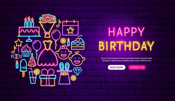 Happy Birthday Neon Banner Design — Stock Vector