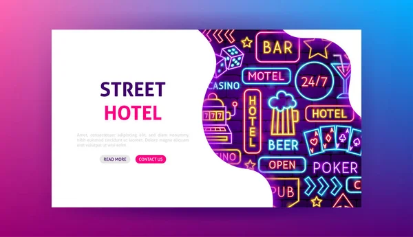 Street Hotel Neon Landing page — Vetor de Stock