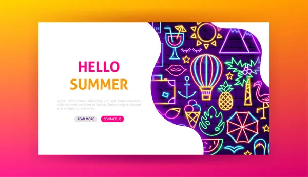 Hello Summer Neon Landing Page — Stock Vector