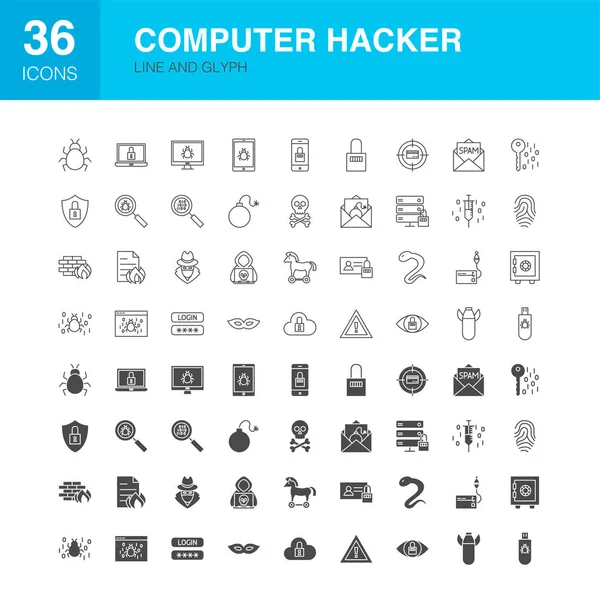 Computer hacker line Web glyph iconen — Stockvector
