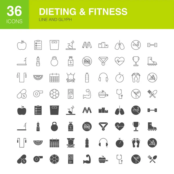 Dieting Fitness Line Web Glyph Icoane — Vector de stoc