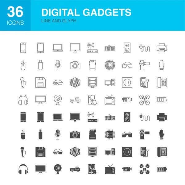 Gadgets digitales Línea Web Glyph Iconos — Vector de stock