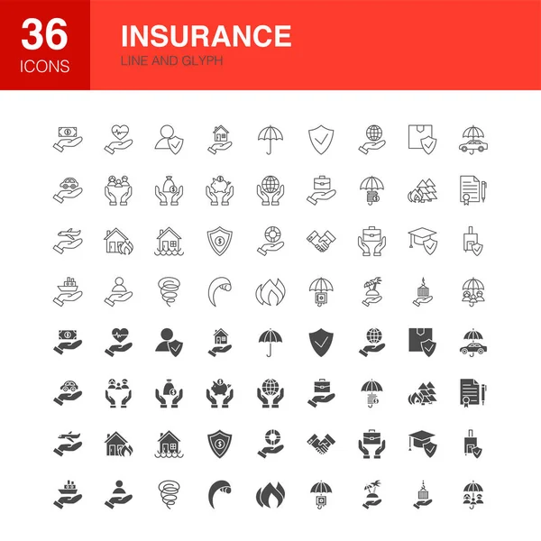 Línea de seguros Web Glyph Iconos — Vector de stock