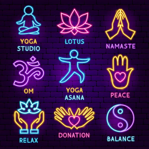Yoga Neon Label Set Vector Illustratie Van Meditatie Promotie — Stockvector