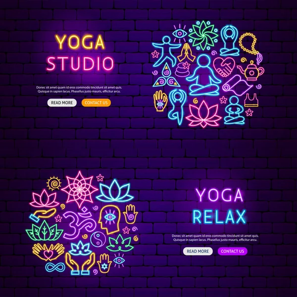 Yoga Neon Banners Vector Illustratie Van Meditatie Promotie — Stockvector