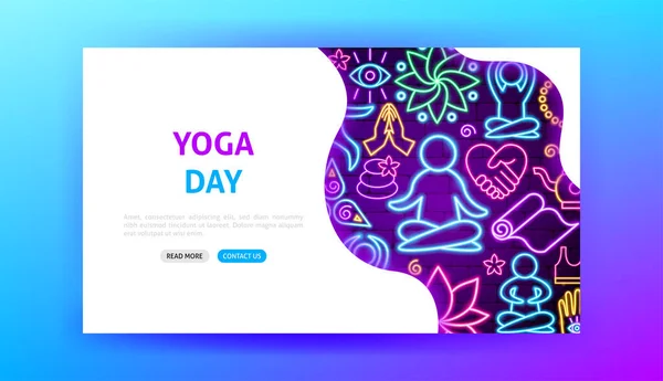 Yoga Dag Neon Landingspagina Vector Illustratie Van Meditatie Promotie — Stockvector