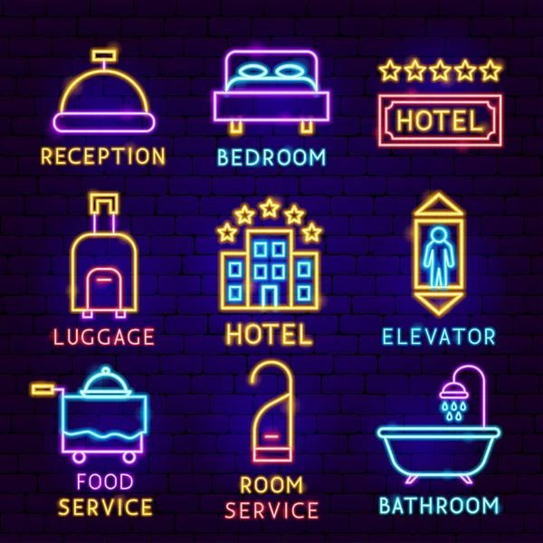 Conjunto de etiquetas de Hotel Neon — Vetor de Stock