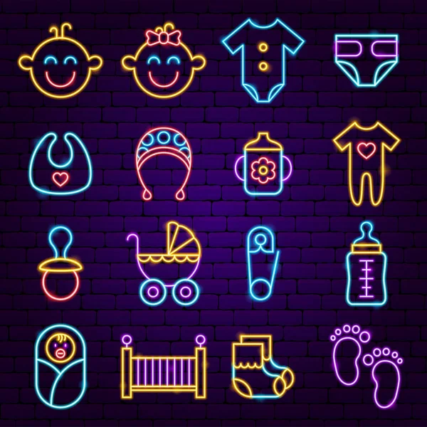 Baby Shower Neon Icons — стоковый вектор
