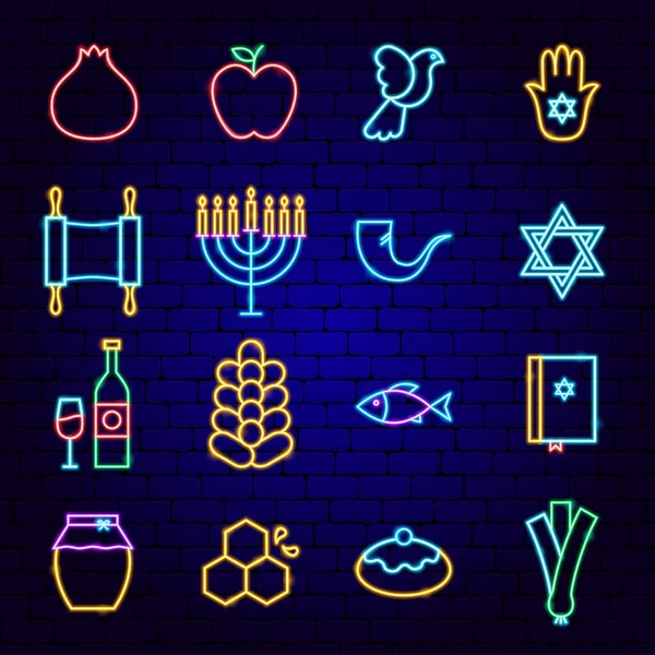 Rosh Hashanah Neon Iconen — Stockvector