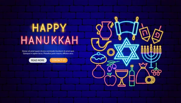 Feliz Hanukkah Neon Banner Diseño — Vector de stock