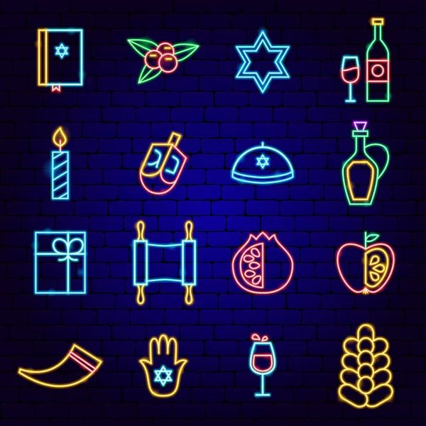 Feliz Hanukkah vacaciones iconos de neón — Vector de stock