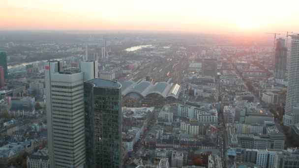 Uitzicht Stad Van Bovenaf Bij Zonsondergang Frankfurt Main Duitsland — Stockvideo