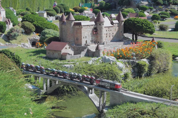 Melide Switzerland Sep 2018 River Railway Bridge Castle Park Miniatures — Stock Photo, Image