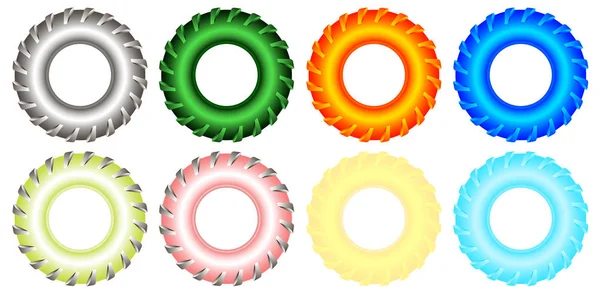 Araba, kamyon, traktör için çok renkli ve tek renkli jantlar bir dizi. Araba lastiklerinin parlak ve yumuşak renkleri ve bunların vahşi kombinasyonları.