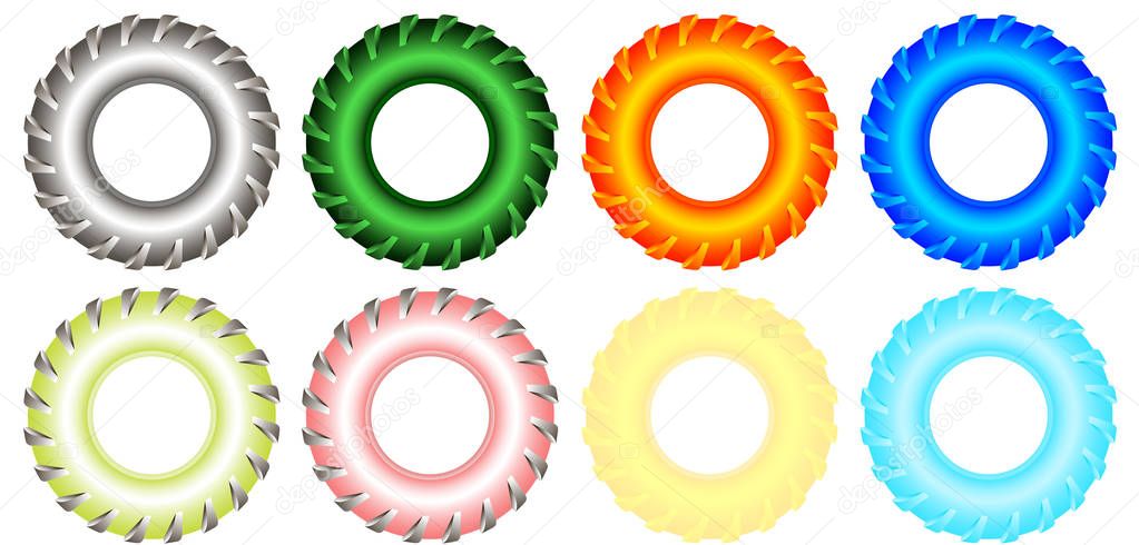 A set of multi-colored and monochrome wheels to the car, trucks, tractors. The bright and soft colors of car tires and their wild combinations.