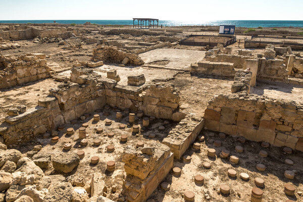 Ruins of ancient Paphos houses at archaeological park, Cyprus
