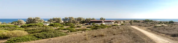 Panorama Park Archeologiczny Pafos Zadaszonym Pawilonów Wybrzeżu Cypru — Zdjęcie stockowe