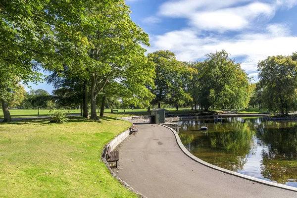 Malerischer Fußweg Mit Bänken Einen Kleinen Flachen Teich Duthie Park — Stockfoto