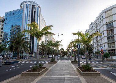 Tres de Mayo Bulvarı 'nın ortasında yaya geçidi. Kenarlarında palmiye ağaçları var. Santa Cruz de Tenerife, İspanya, Mayıs 2017.