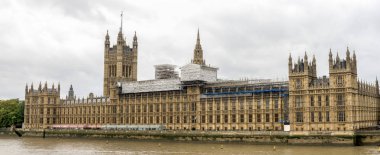 Houses of Parliament covered with scaffolding for restoration, London, October 2017