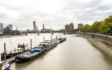 Albert Köprüsü 'nden Thames nehri manzarası ve Battersea Parkı' na yakın park edilmiş tekneler, Londra, İngiltere
