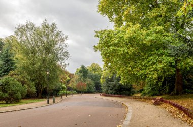 Sonbahar mevsiminde Battersea Park 'ta ışık direkleri ve bankları olan manzara sokağı, Londra, İngiltere