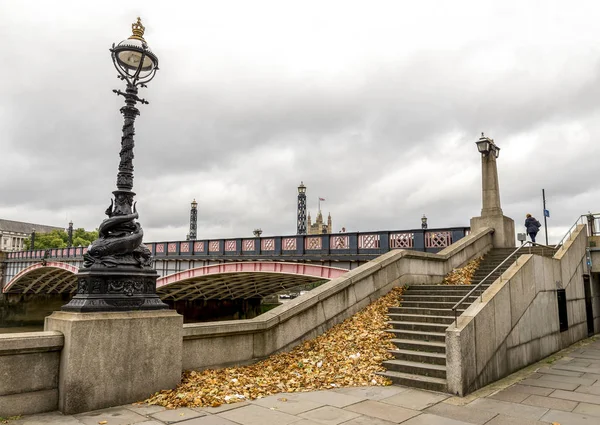 Wielka sterta opadłych liści na schodach do Lambeth Bridge w Londynie, Anglia — Zdjęcie stockowe