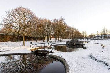 Westburn Park manzaralı göletler, köprüler ve ağaçlar, Aberdeen, İskoçya
