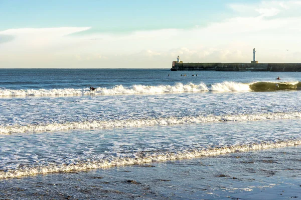 Nordsjövågor och människor surfar och paddlar kajak nära South Breakwater i Aberdeen, Skottland — Stockfoto
