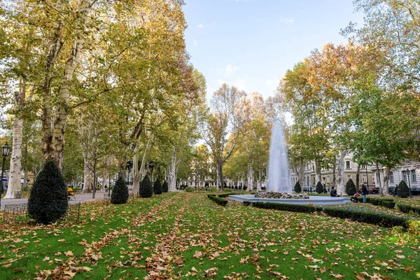 Hojas amarillas caídas en un césped verde en el centro del parque Zrinjevac durante la hermosa temporada de otoño, Zagreb, Croacia — Foto de Stock