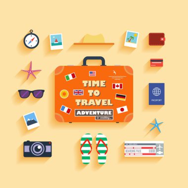 yaz tatil planlama, turizm ayarla ve nesneleri ya da kutsal kişilerin resmi, modern düz stil seyahat. tasarım konsepti seyahat vakti geldi. vektör çizim