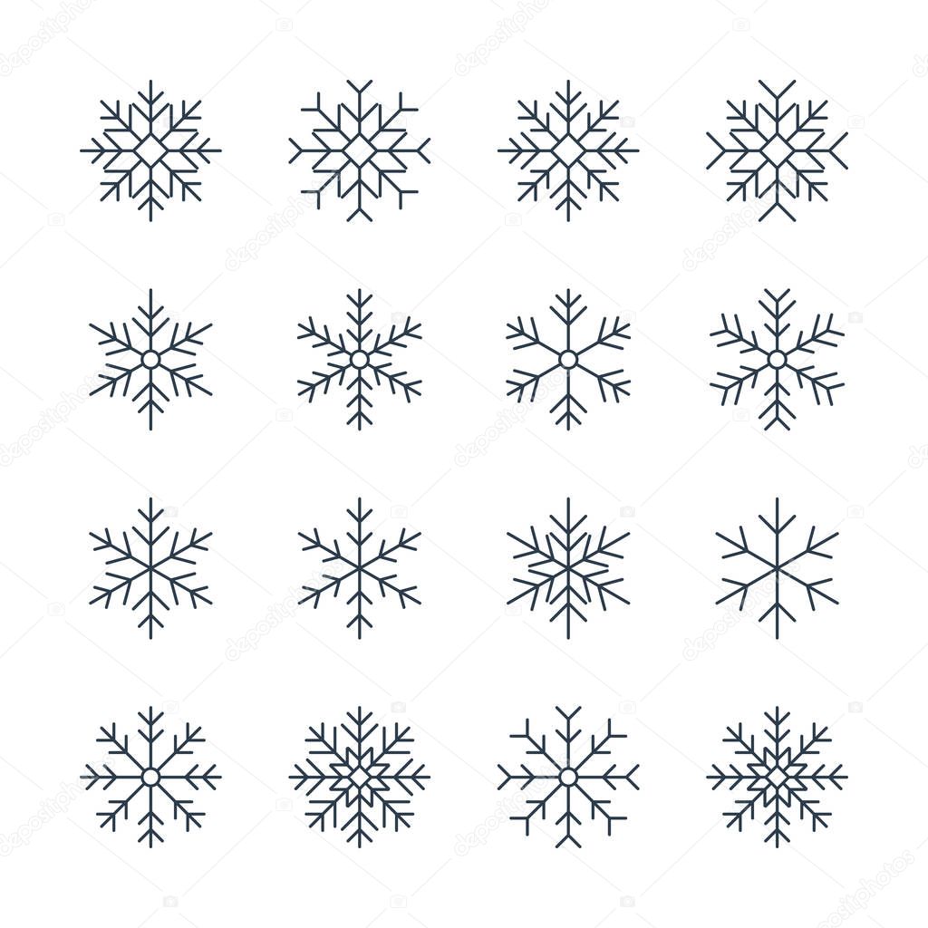 Thin line snowflake icons. outline winter collection. lineart christmas set. isolated on white background. vector illustration