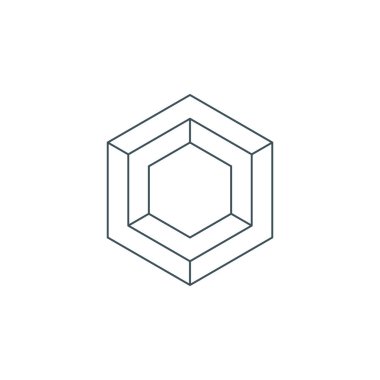 İnce çizgi altıgen sembolü veya simgesi. doğrusal altıgen logo. İmkansız geometrik şekil. Kutsal geometri. Beyaz arka planda izole edilmiş. vektör illüstrasyonu
