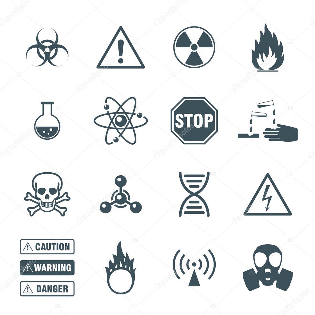 biohazard and science symbols or icons set isolated on white background. danger and warning, science & physics icons. vector illustration