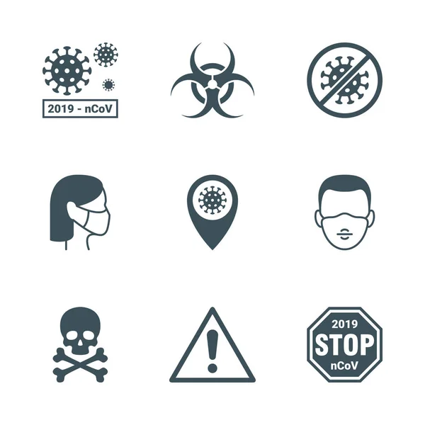 Coronavirus 2019 Ncov Pandémiás Kockázati Figyelmeztető Ikonok Beállítva Biológiai Veszélyre — Stock Vector