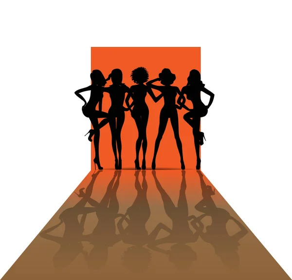 Groupe de filles silhouette combinée sur le défilé de mode défilé, orange — Image vectorielle