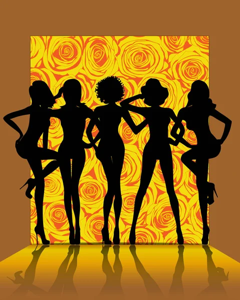 Group of girls combined silhouette on the catwalk fashion show — Stock Vector