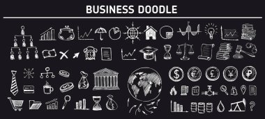 El çizimi iş sembolleri. Doodle tasarım biçimi ile yönetim kavramı.