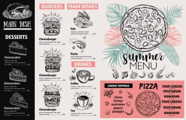 Yaz menüsü. Restoran yemek menüsü tasarımı, elle çizilmiş çizimler. Vektör yemek broşürü.